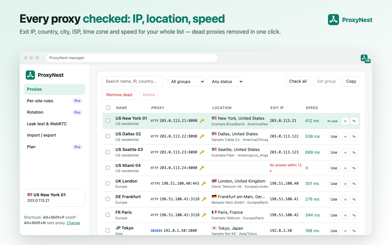 ProxyNest proxy manager with a pasted list of proxies and their countries